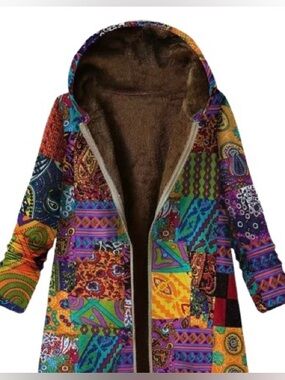 Multicolored Patchwork Faux-Fur-Lined Hooded Jacket New Size Large